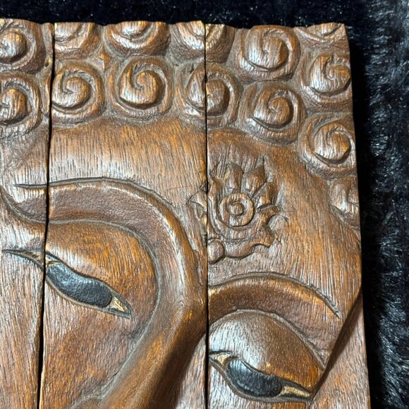 Vintage Hand-Carved Wood Transending Wisdom Buddha Face Wall Art 3-Piece Panel - Picture 2 of 7